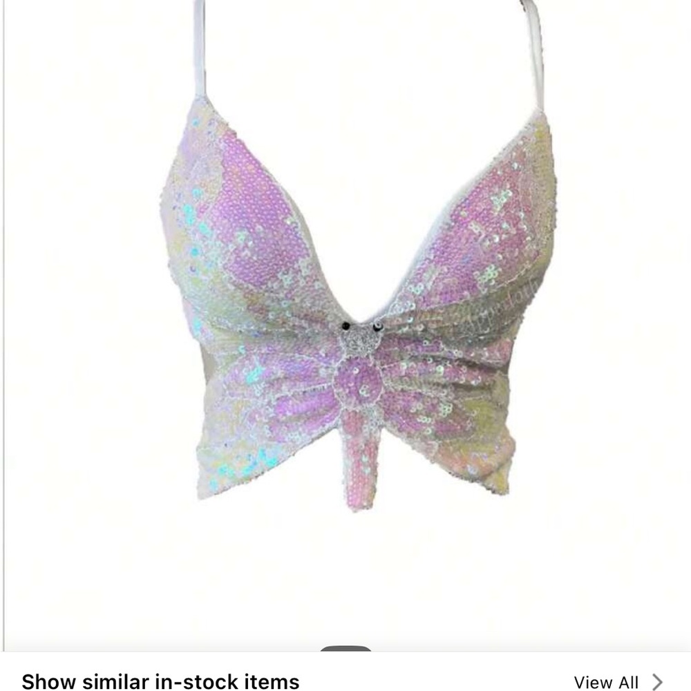 SHEIN Iridescent Sequin Tie-Front Crop Top - Pink/White
